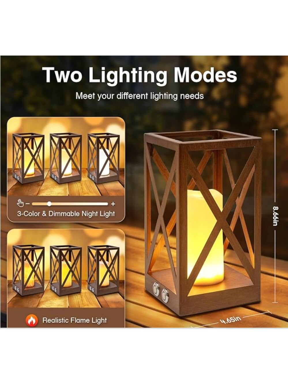 Touch Table Lamp, 3 Colors Flame Lantern, Cordless Rechargeable 8.66"x4.65"